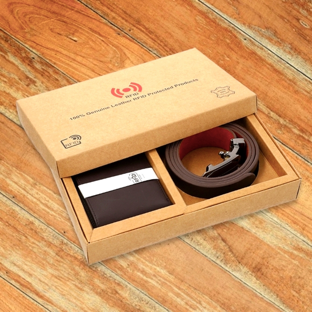 🔥FINAL PRICE🔥NWT BROWN GENUINE LEATHER BELT & RFID PROTECTED WALLET BOXED SET